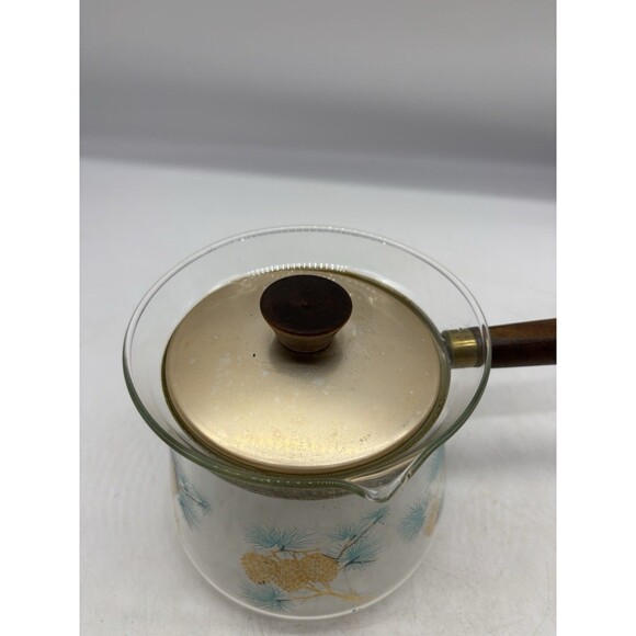 Vtg Mid-Century Douglas Libbey Flameproof Coffee Pot Blue Gold Gilt Pine Cones - Picture 4 of 9